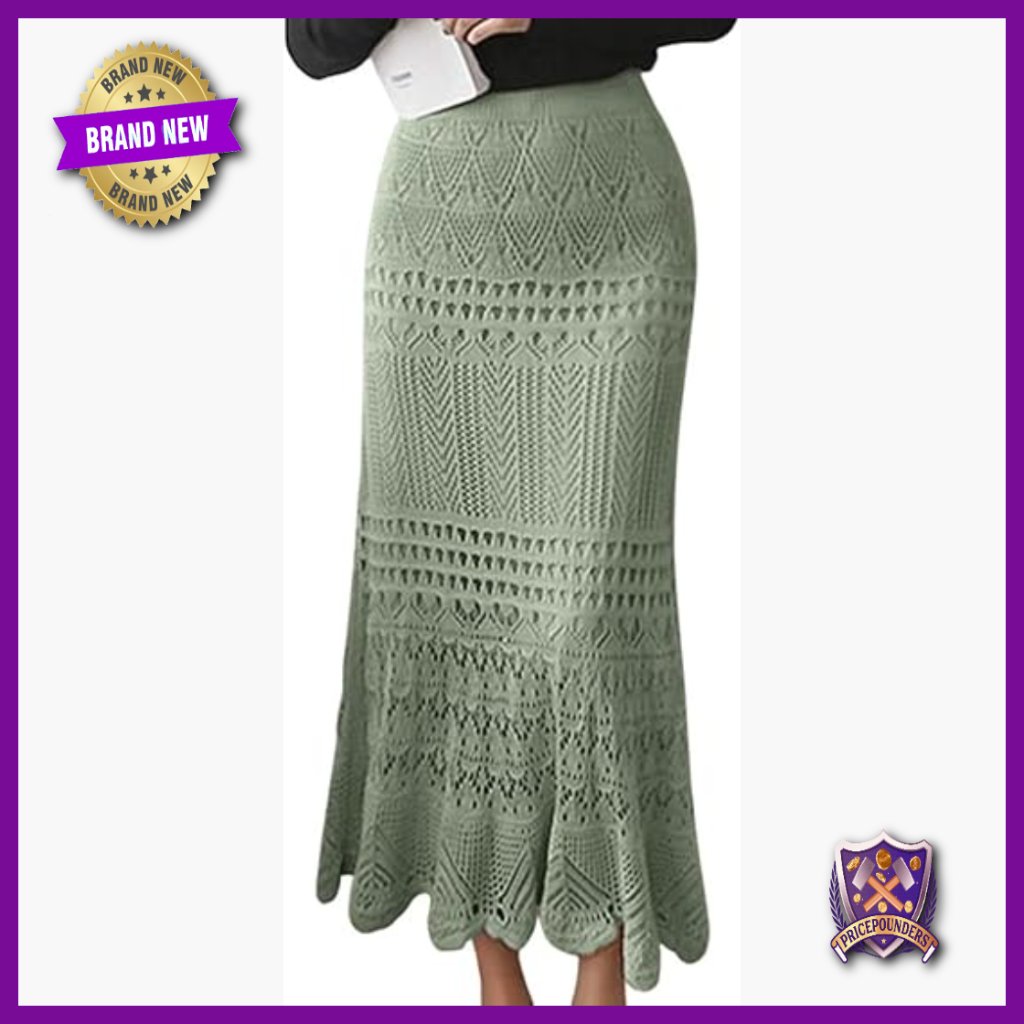 Crochet Knit Maxi Skirt High Waist Lined Hollow Out Stretchy A-Line